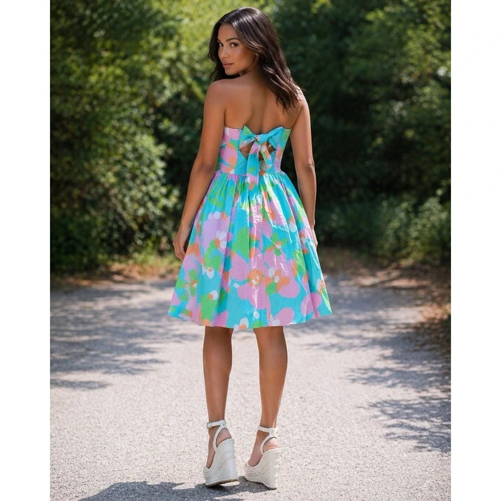 Lilly Pulitzer Y2K Floral Strapless Dress Sz4 Bow Back Fit Flare Preppy Cottage - Picture 5 of 10